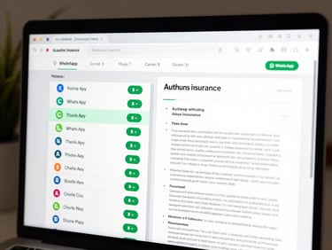 A clean software interface mockup showing a dashboard with a list of auto insurance leads, green status indicators for WhatsApp delivery, and a preview of a professional PDF quote sheet.