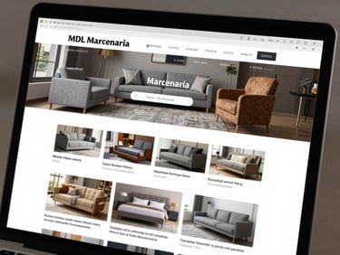 Close-up screenshot of a professional institutional website homepage for MDL Marcenaria, showing furniture photography and navigation menu on a desktop monitor screen, neutral studio lighting, sharp detail on screen content, no glare