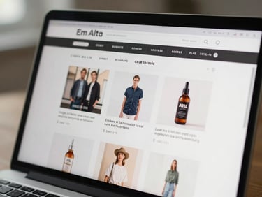 Close-up screenshot of an e-commerce store homepage called Em Alta displayed on a laptop screen, showing product grid and promotional banners, clean daylight studio lighting, sharp readable screen content, no reflections