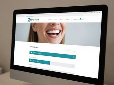 Close-up screenshot of a dental clinic website homepage displayed on a desktop monitor, showing appointment booking interface and professional dental imagery, neutral studio lighting, sharp screen detail, no glare