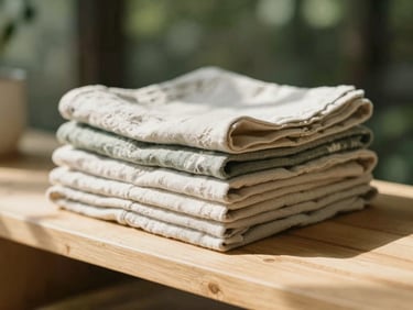 Organic linen kitchen cloths stacked neatly on a light wooden shelf, warm low-contrast morning sun