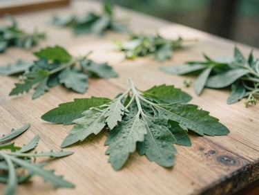 Fresh botanical herbs drying on a rustic wooden board, soft diffused natural daylight, muted earthy greens
