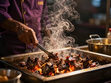 Dynamic action shot of a chef preparing Mutton Varuval at a live cooking stall, rising steam, glowing embers, dramatic low-key lighting