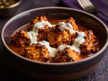Close-up of beautifully plated Butter Chicken in a dark ceramic bowl, garnished with cream, dramatic side lighting, rich purple accents