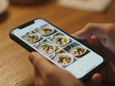 Extreme close-up of a hand scrolling through a phone screen showing a grid of food images, warm golden light on the hand, a wooden table surface visible below, shallow depth of field, background softly blurred