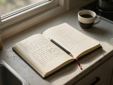 Close overhead shot of an open field notebook resting on a worn kitchen counter, handwritten observations visible in pencil, a small espresso cup beside it, warm north-facing window light from the left