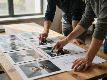 Two people leaning over a large wooden table covered in printed photo proofs and layout sketches, one pointing at an image detail, warm afternoon light through a tall window, hands and papers in sharp focus