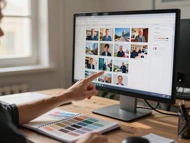 Agency team member reviewing a content layout on a large monitor, hand pointing at a printed photo grid on the desk beside it, warm afternoon light from a window to the left, notebooks and color swatches visible