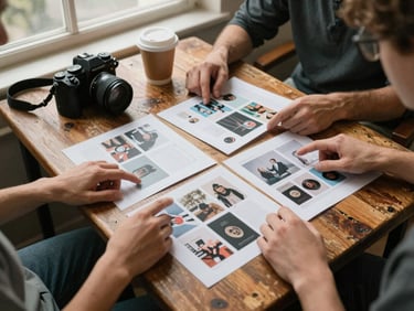 Wide shot from above-left of two people at a worn wooden table reviewing printed social media layouts, warm north-facing window light, coffee cups and a camera nearby, hands pointing at content sheets, no faces visible — the work itself is the subject