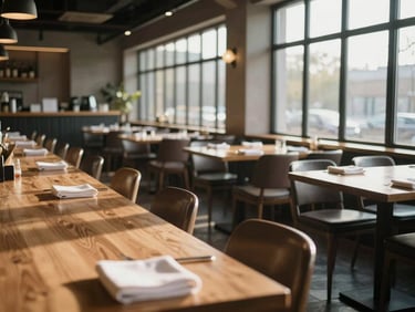 Wide-angle view of an empty restaurant dining room during prep, morning light through tall windows casting long shadows across bare wooden tables, linen napkins mid-fold on a side counter