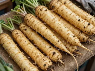 Overhead close-up of freshly harvested root vegetables arranged loosely on burlap at a farmers market stall, soft diffused daylight, soil still visible on the roots, a pair of worn gloves at the edge of frame