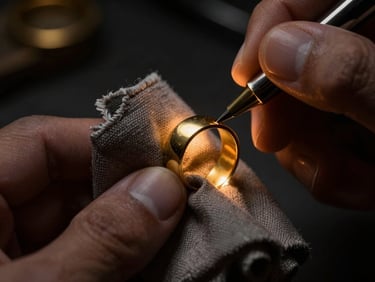 Macro close-up of an artisan hand-polishing a heavy gold ring with a soft cloth, catching a warm spotlight against a dark background