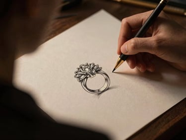 Intimate over-the-shoulder shot of a jewelry designer sketching a complex floral ring on textured cream paper, soft warm side-lighting