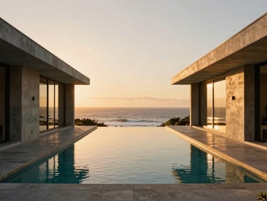 Symmetrical architectural photograph of a modern luxury villa concrete facade overlooking the ocean at sunset, warm golden-hour light reflecting on a pristine infinity pool, Garden Route coastline in the background.