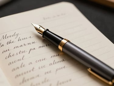 Moody close-up of a fountain pen resting on an open notebook page with elegant cursive Spanish text, warm side lighting, dark background.