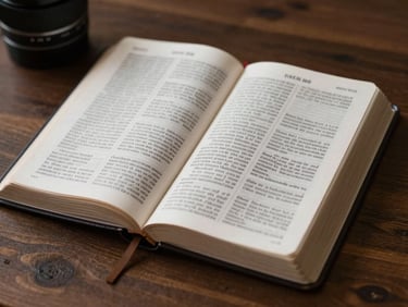 Cinematic close-up of an open Bible on a dark wooden table, soft key light highlighting the text.
