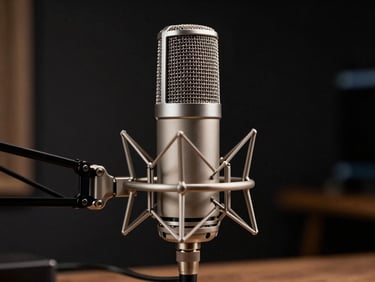 Low-light cinematic shot of a modern podcast microphone in a dark studio, metallic silver highlights.