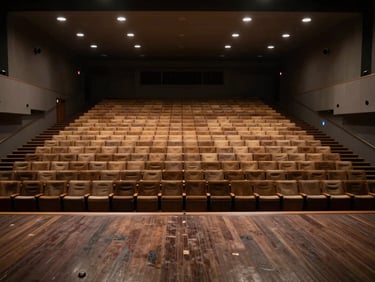 Wide cinematic shot of an empty auditorium with dramatic single-source lighting from the stage.