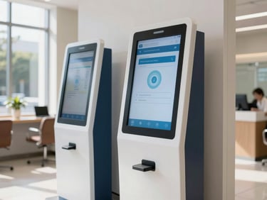 Professional interactive smart kiosk display in a clean banking lobby, bright natural daylight, 35mm lens