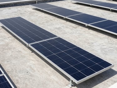 Industrial solar panels installed on a clean flat concrete roof, bright daylight, sharp focus, 35mm lens