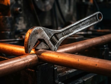 Industrial photography of a professional wrench resting on a clean copper pipe, high contrast orange light, sharp focus
