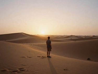 Warm cinematic shot of Sahara desert dunes at sunset, a traveler looking at the horizon, analog film style