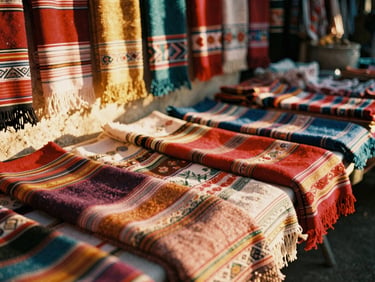Cinematic shot of a traditional market in Oaxaca, warm golden light, colorful textiles, analog film style