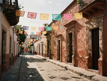 A narrow street in Oaxaca decorated with colorful paper flags, warm afternoon sun casting long shadows, analog film style