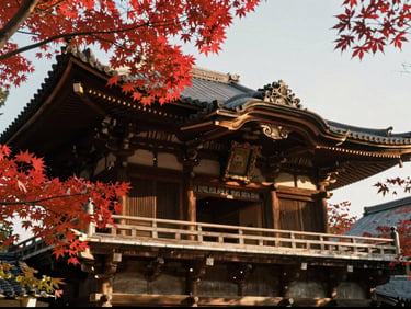 Cinematic shot of a wooden Kyoto temple surrounded by red maple leaves, golden hour light, analog film style