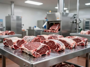Wide shot of a modern stainless-steel beef processing facility in Durango, cool crisp industrial lighting, sterile environment, 35mm photography