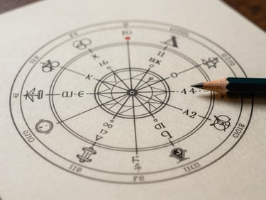 Close-up of a natal chart wheel on cream paper, soft studio light illuminating the planetary glyphs and house cusps, a fine-tipped pencil resting beside the chart
