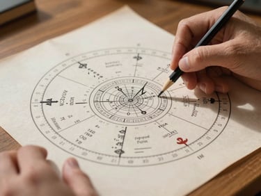 Close-up of hands using a pencil to annotate a printed natal chart wheel on a wooden desk, north-facing daylight casting soft shadows, chart lines and planetary glyphs in sharp focus, plain parchment-toned paper