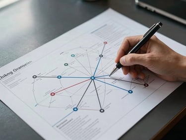 Overhead view of a transit chart printout spread on a dark desk, a hand holding a fine pen marking a planetary conjunction point, north-facing daylight entering from the left
