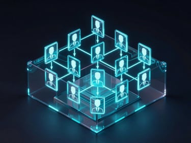 Isometric 3D render of an HR organization chart layered on glass panels, glowing neon indigo lines connecting profiles, dark studio background