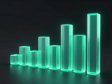 Sleek 3D financial bar chart showing cross-company revenue streams, glowing neon cyan bars, dark glass refraction, premium UI detail