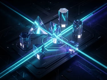 Sleek 3D render of refracting glass prisms casting glowing cyan and indigo neon light beams across a dark minimalist interface, octane render, dramatic studio lighting.