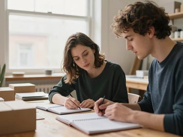 Two people in a bright, warm workshop examining products on a wooden desk, notebooks and boxes around, natural window light, authentic team dynamic