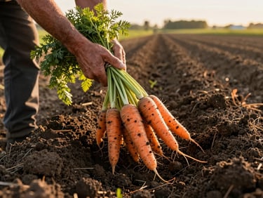 Wide low-angle shot of a farmer's hands lifting a bunch of just-pulled carrots from dark loamy soil, golden morning light cutting across a field row in the background