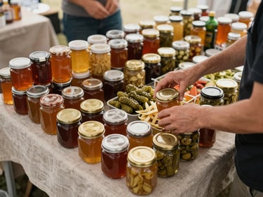 Overhead flat-lay of a busy Saturday market stall, hands arranging jars of honey and pickled vegetables on a linen-covered table, warm daylight from an open tent canopy