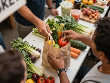 Overhead flat-lay of a busy market stall — vendor hands exchanging a paper bag of produce, crowd visible at edges, warm diffused daylight, signage out of frame