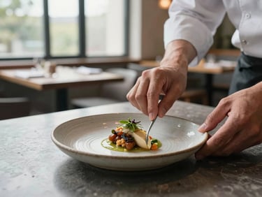 Tight overhead shot of a chef's hands plating a small dish on a rough ceramic plate under north-facing window light, a 20-seat dining room softly blurred in the background