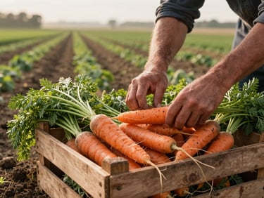 Wide environmental shot of a farmer's hands sorting freshly harvested carrots on a wooden crate in a field, soft morning light, soil and crop rows visible behind