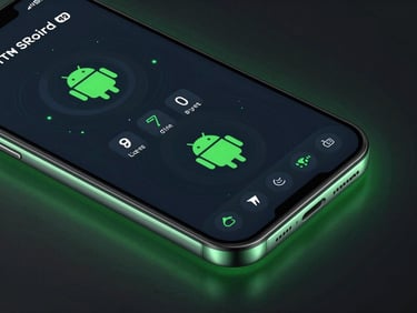 Sleek portrait mockup of an Android phone screen showing a high-performance vector game interface, glowing green accents, bleeding off the right edge.