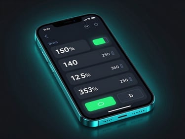 Sleek portrait mockup of an Android phone screen displaying battery optimization metrics and smooth gameplay frames, neon cyan lighting, bleeding off the left edge.