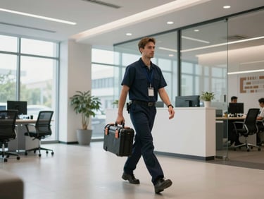 Wide shot of a technician arriving at a client office lobby with a tool case, clean modern office interior, cool daylight from large windows, purposeful stride, no posed smiling