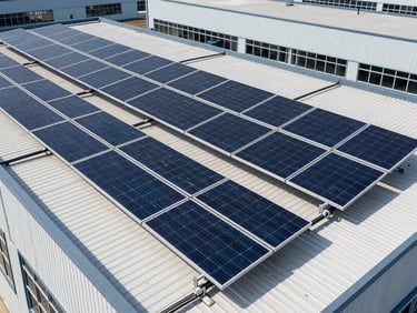 Large solar array installed on a modern flat-roof industrial building, panels catching direct midday sunlight, neat cable routing visible along the mounting rails, sharp focus