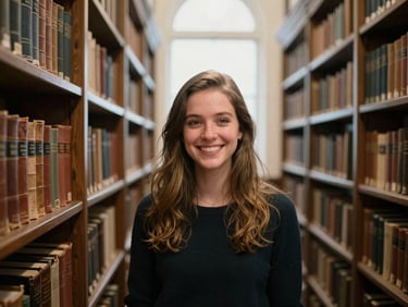 A candid medium shot portrait of a young woman smiling in a historic library archive, surrounded by old leather books, soft natural light.