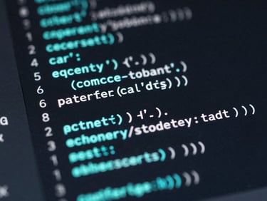 Macro shot of a high-contrast code editor on a dark screen with sharp electric cyan highlights, shallow depth of field, cool editorial photography, 35mm