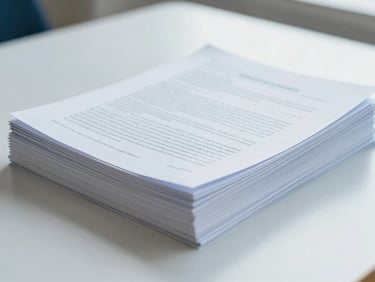 A stack of printed academic manuscripts with editorial proofreading marks on a clean desk, bright natural daylight, 35mm
