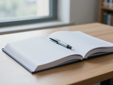 A clean open academic journal on a wooden desk with a fountain pen, soft morning window light, shallow depth of field, 35mm